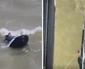 Imagem ilustrativa da imagem VÍDEO | Homem é resgatado de helicóptero após jetski virar durante passeio no ES