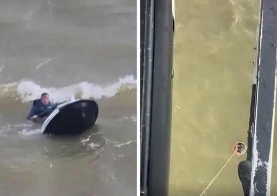 Imagem ilustrativa da imagem VÍDEO | Homem é resgatado de helicóptero após jetski virar durante passeio no ES