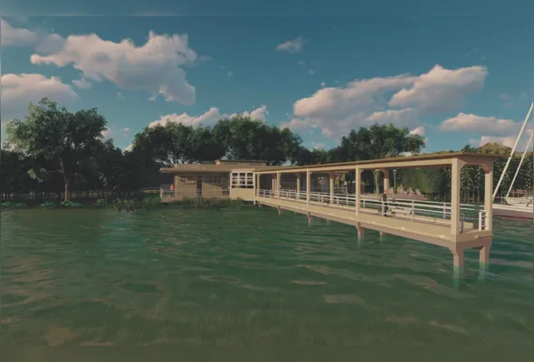 Projeção mostra como vai ficar o  Cais do Hidroavião após a obra de restauro. Características originais do prédio histórico serão respeitadas e local vai ganhar acessibilidade e segurança