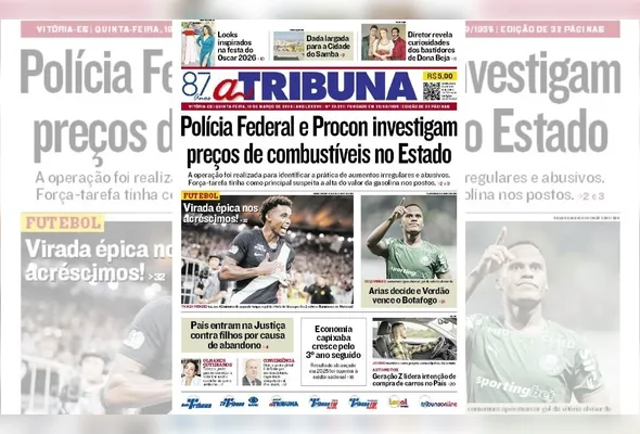 Imagem ilustrativa da imagem Confira os destaques do jornal A Tribuna desta quinta-feira