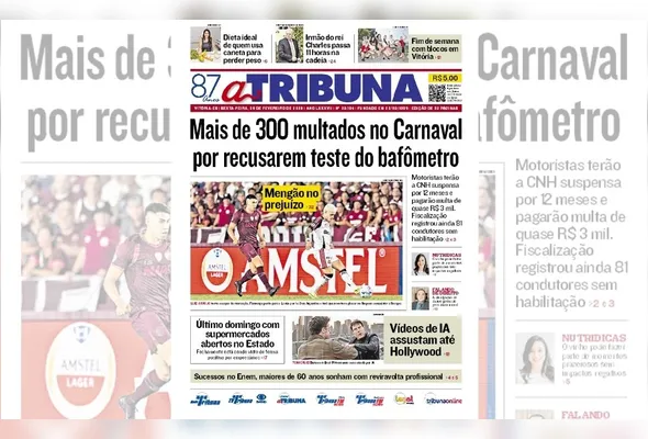 Imagem ilustrativa da imagem Confira os destaques do jornal A Tribuna desta sexta-feira