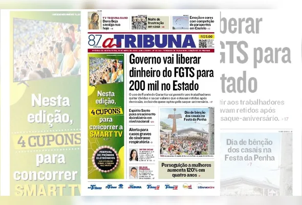 Imagem ilustrativa da imagem Confira os destaques do jornal A Tribuna desta sexta-feira