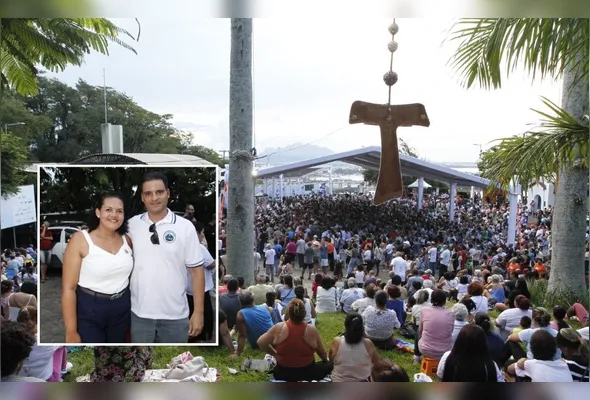 O casal Andressa e Marcos (destaque) vai participar da bênção. Fiéis lotaram o Campinho no 5º dia do Oitavário