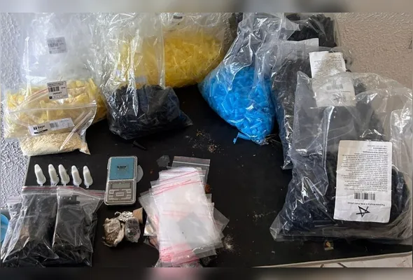 No local foram apreendidos 455 pinos de cocaína, uma porção da mesma droga pesando aproximadamente 90 gramas