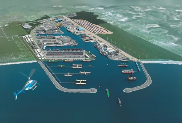 Perspectiva do Porto Central, que poderá receber os maiores navios do mundo e distribuir a carga por toda a América do Sul, com navios menores