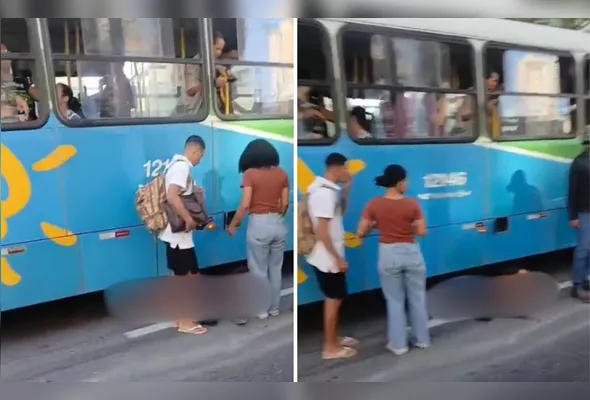 Com o impacto, motociclista foi parar embaixo do coletivo
