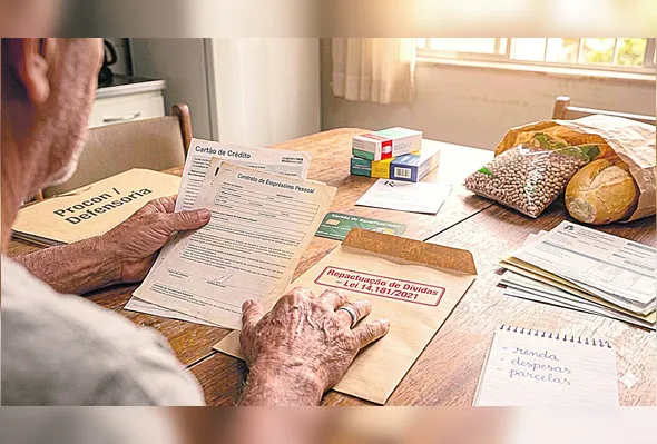Imagem criada pela Inteligência Artificial mostra idoso organizando dívidas e buscando caminhos para renegociar