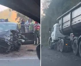 Imagem ilustrativa da imagem VÍDEO | Acidente entre carro e caminhão derrama óleo em Rodovia e afeta tráfego