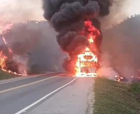Imagem ilustrativa da imagem Incêndio em caminhão cegonha com carros elétricos interdita trânsito na BR-101