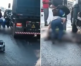 Imagem ilustrativa da imagem Motociclista vai parar embaixo de caminhão após acidente em Rodovia