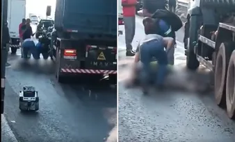Imagem ilustrativa da imagem Motociclista vai parar embaixo de caminhão após acidente em Rodovia