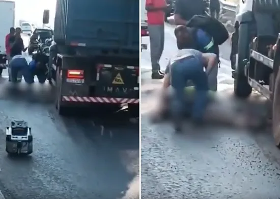 Imagem ilustrativa da imagem Motociclista vai parar embaixo de caminhão após acidente em Rodovia
