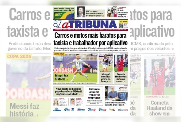 Imagem ilustrativa da imagem Confira os destaques do jornal A Tribuna desta quarta-feira