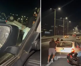 Imagem ilustrativa da imagem Carro capota na Rodovia do Contorno e motorista sai ileso em Cariacica