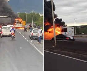 Imagem ilustrativa da imagem Ônibus do Sistema Transcol pega fogo e deixa trânsito intenso no Contorno