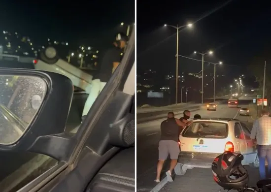 Imagem ilustrativa da imagem Carro capota na Rodovia do Contorno e motorista sai ileso em Cariacica