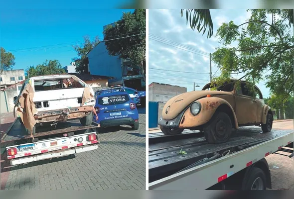 Veículo danificado nas ruas de Vitória é recolhido pela Guarda Municipal. Um Fusca com vidros quebrados e lataria enferrujada foi recolhido em Vila Velha