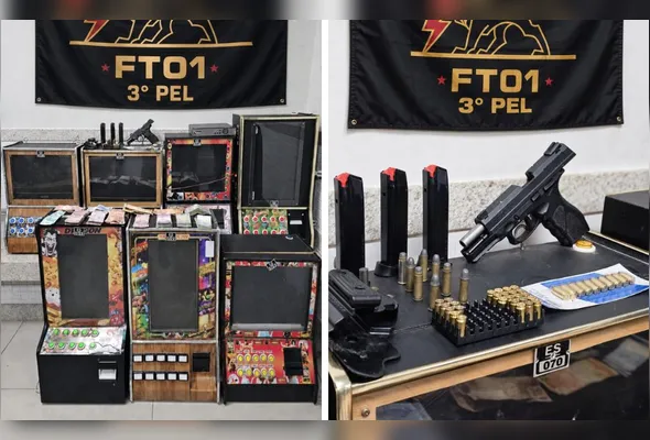 Sete máquinas caça-níqueis, pistola, munições, dinheiro e drogas foram apreendidos em casa no bairro São Pedro onde ocorria a prática de jogos de azar