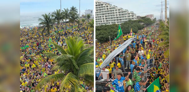 Flávio Bolsonaro reúne multidão em ato na Barra da Tijuca
