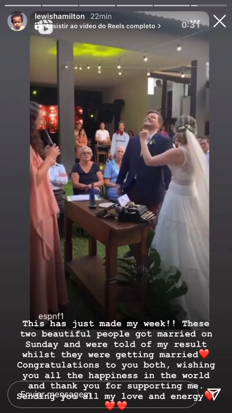 Imagem ilustrativa da imagem Lewis Hamilton compartilha vídeo de casamento de fãs capixabas: "Maravilhoso"