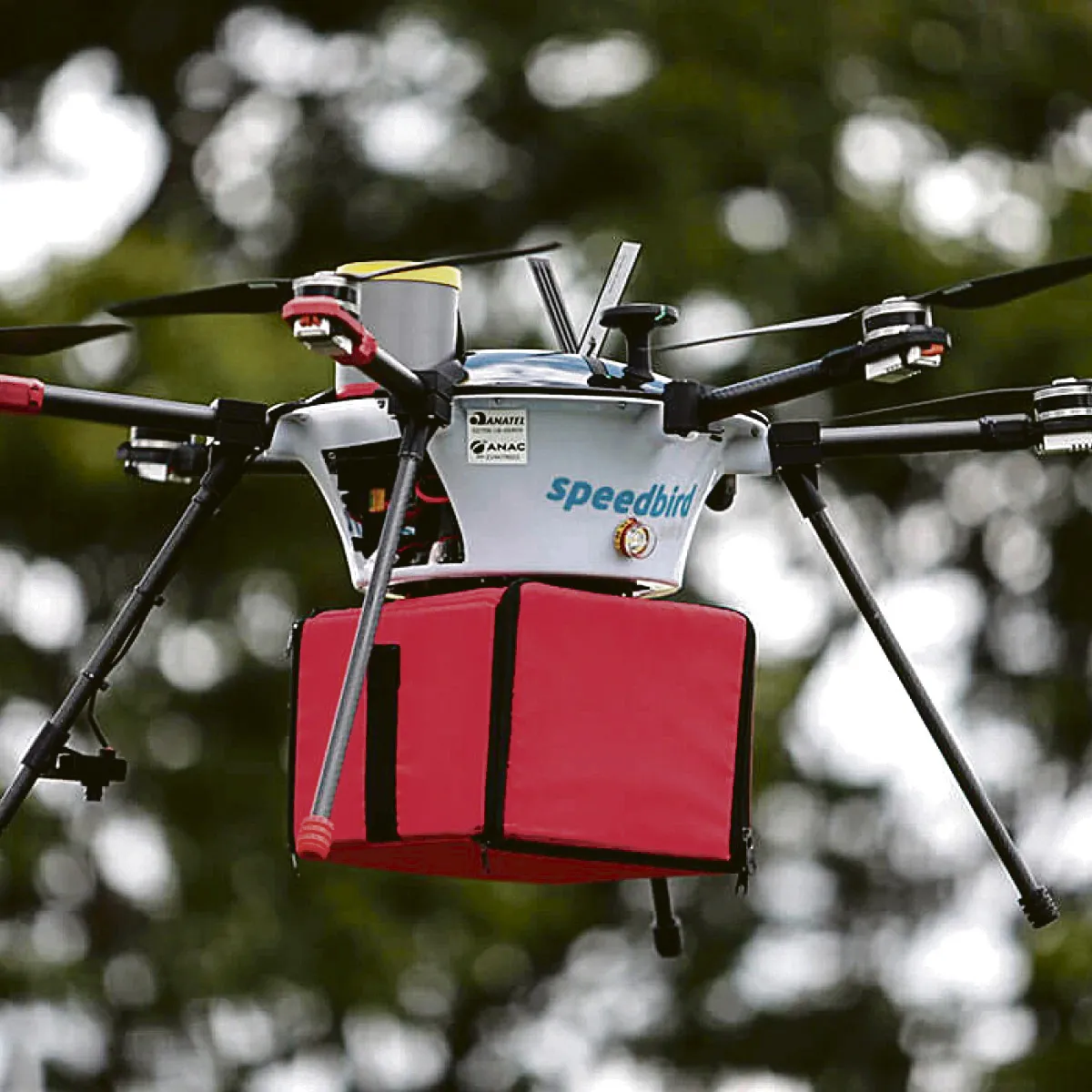 Drone com produto  para entrega: voo em áreas habitadas e retirada da encomenda da aeronave são
 as barreiras para a entrega ser realizada nas mãos do consumidor