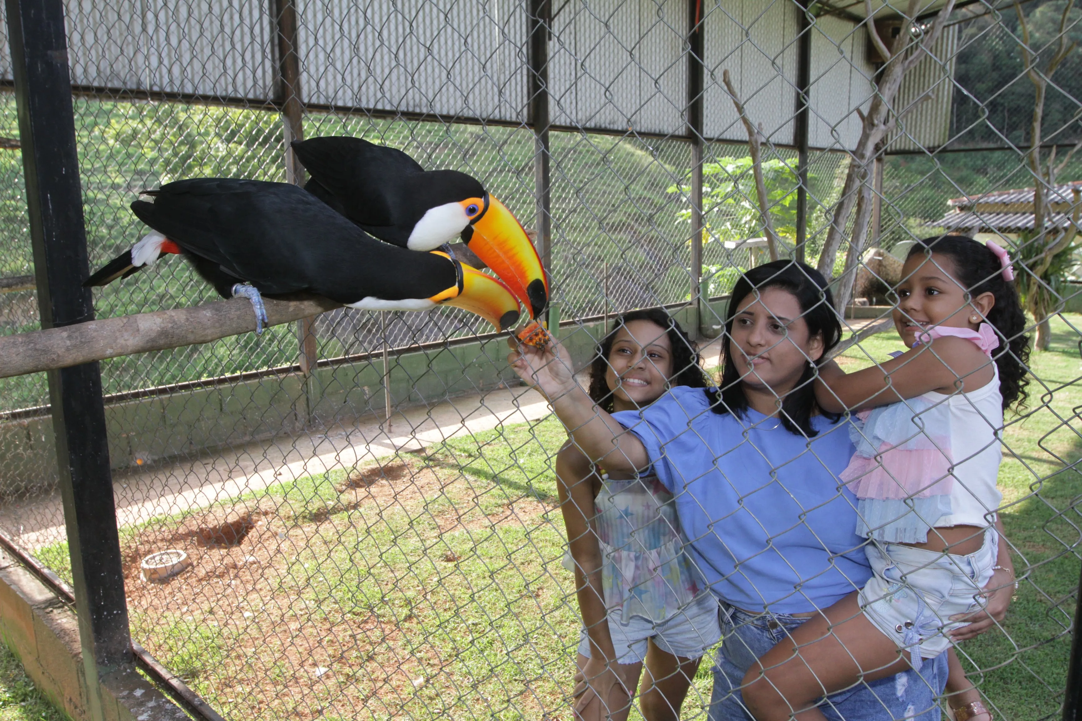 Cleizielen Oliveira e as filhas, Laura, 10 anos e a Laisa, 7 anos , no Bioparque das Aves.