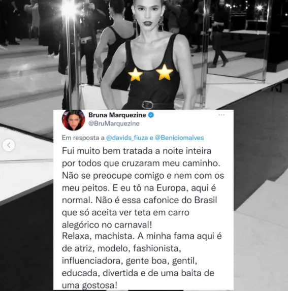 Imagem ilustrativa da imagem Bruna Marquezine rebate comentários machistas após foto com seios à mostra