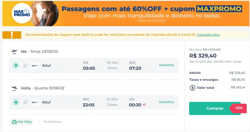 Imagem ilustrativa da imagem Passagens aéreas de Vitória/Rio por R$ 298 e para Recife a R$ 415