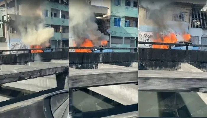 Imagem ilustrativa da imagem Carro pega fogo na subida da Terceira Ponte em Vila Velha
