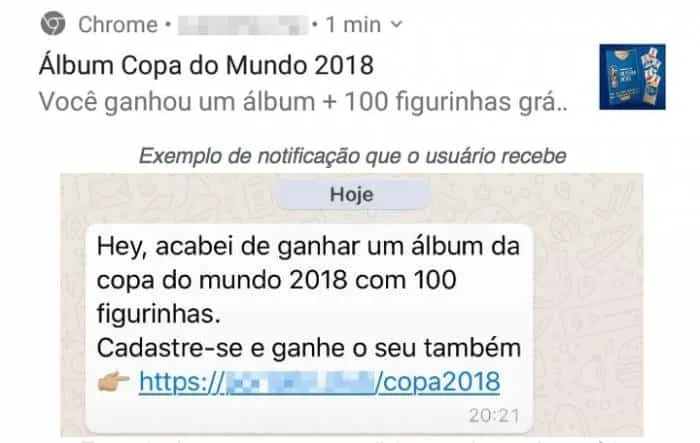 Imagem ilustrativa da imagem Golpe no WhatsApp promete álbum grátis da Copa do Mundo. Veja como evitar