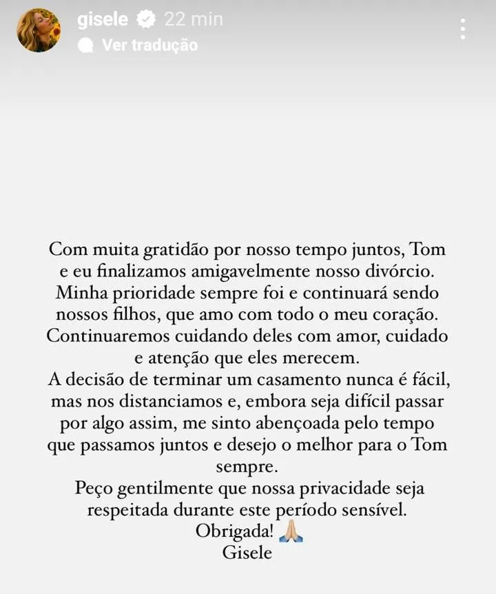 Imagem ilustrativa da imagem Gisele Bündchen e Tom Brady anunciam divórcio após 13 anos de casamento