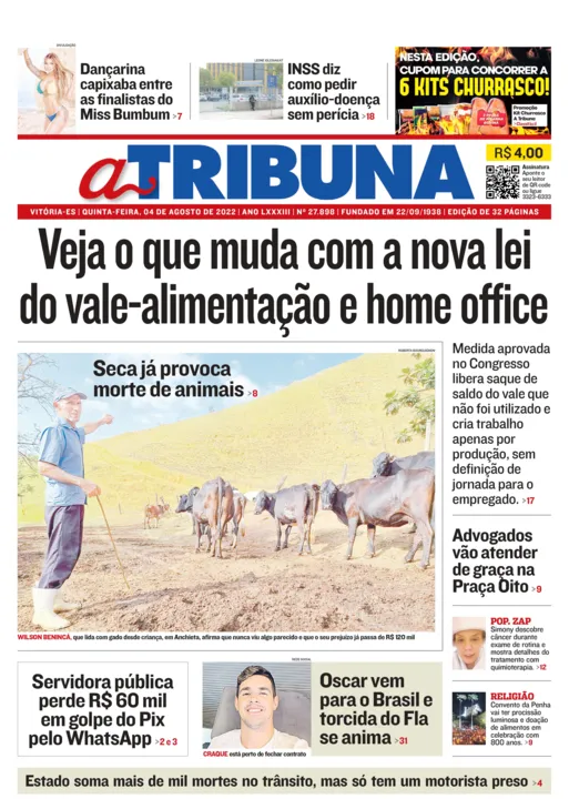 Imagem ilustrativa da imagem Confira os destaques do Jornal A Tribuna desta quinta-feira