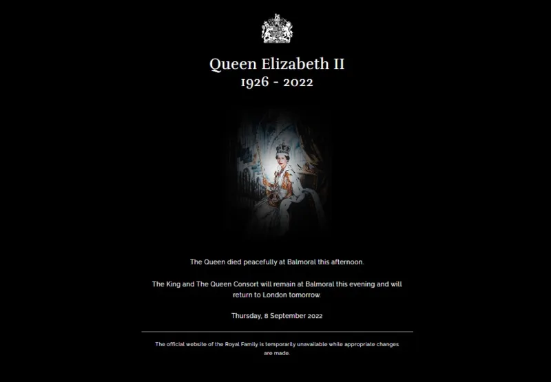 Site virou obituário em sinal de luto pela morte da rainha Elizabeth II