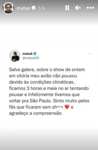 Imagem ilustrativa da imagem Após avião não conseguir pousar em Vitória, show de cantor é cancelado