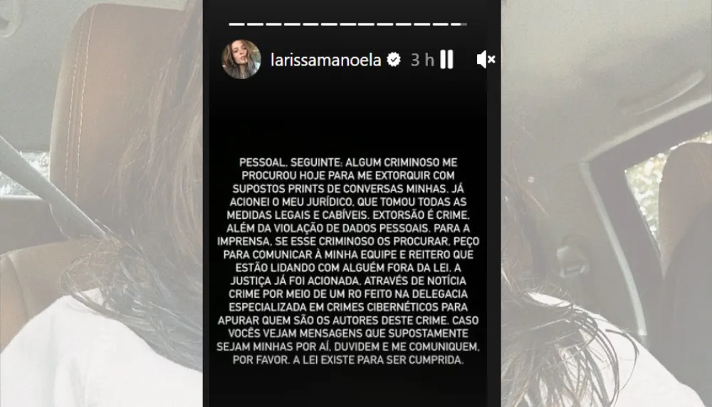 Imagem ilustrativa da imagem Larissa Manoela revela tentativa de extorsão com supostos prints de conversas