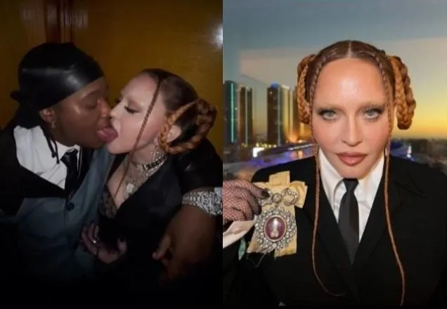 Imagem ilustrativa da imagem Madonna rebate críticas sobre aparência e posta vídeo trocando beijos com rapper