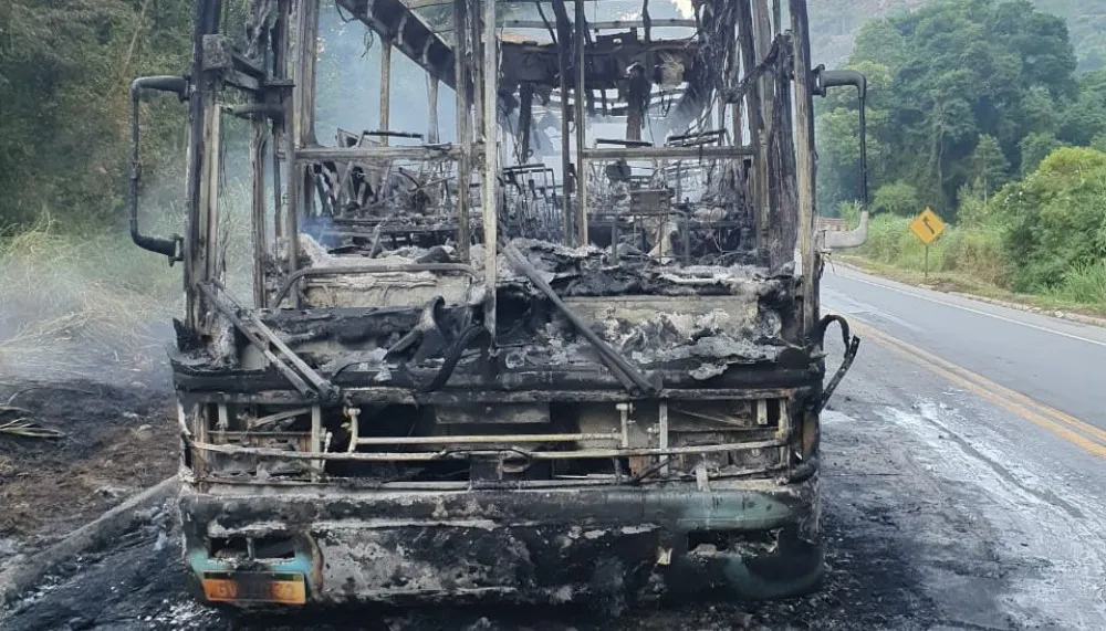 Imagem ilustrativa da imagem Passageiros saem às pressas e ônibus pega fogo na BR-262