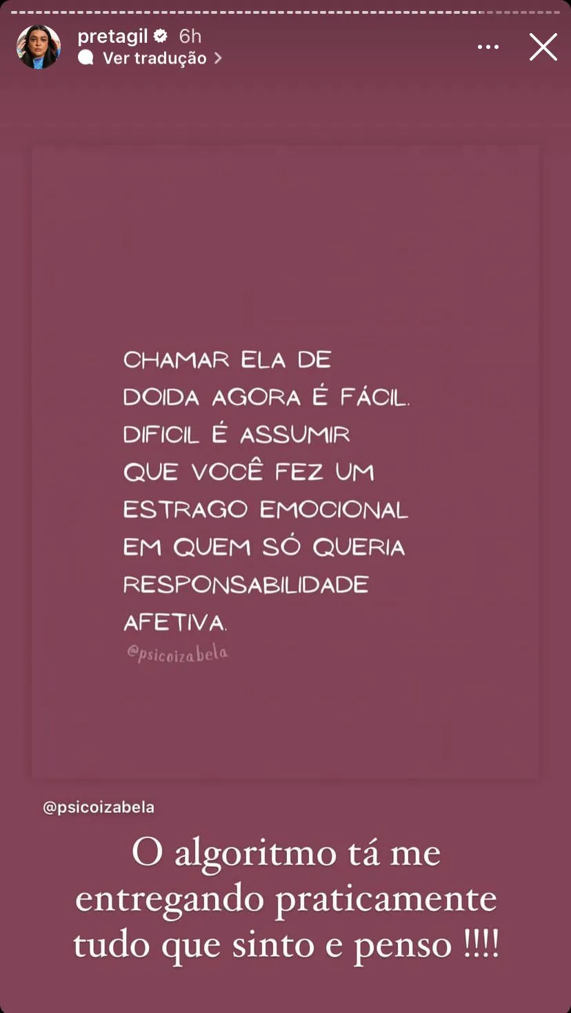 Imagem ilustrativa da imagem Preta Gil fala sobre responsabilidade afetiva e alfineta o ex-marido em post