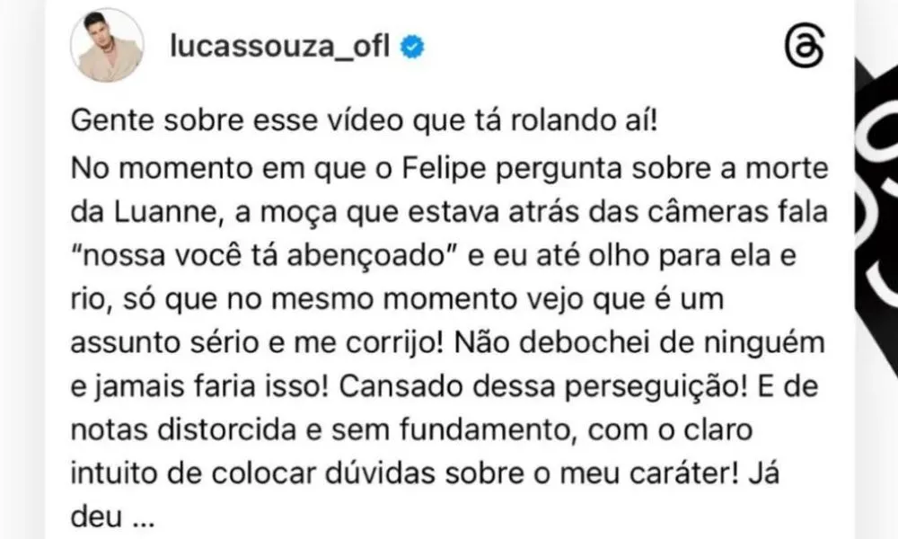 Imagem ilustrativa da imagem VÍDEO | Lucas Souza é criticado por rir de assassinato de ex-namorada