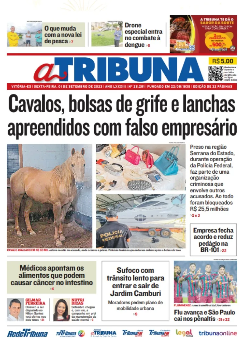 Imagem ilustrativa da imagem Veja os destaques do jornal A Tribuna desta sexta-feira, dia 1º de setembro