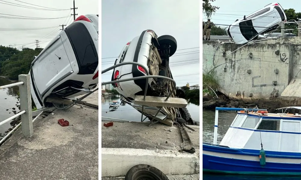 Imagem ilustrativa da imagem FOTOS | Carro de médica capota e fica pendurado em ponte de Vitória