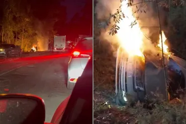 Imagem ilustrativa da imagem Carro de luxo pega fogo após acidente com caminhonete na BR-262 no ES