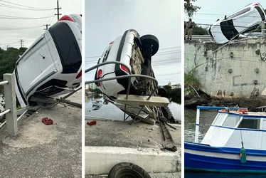 Imagem ilustrativa da imagem FOTOS | Carro de médica capota e fica pendurado em ponte de Vitória