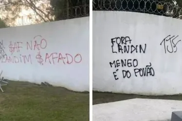 Imagem ilustrativa da imagem Torcedores do Flamengo picham muros do CT e protestam contra presidente Landim