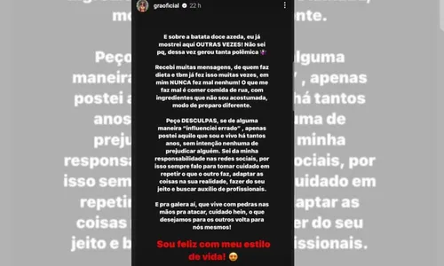 
          Imagem ilustrativa da imagem Gracyanne Barbosa rebate críticas por comer batata-doce estragada
          