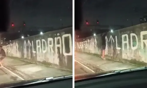 
          Imagem ilustrativa da imagem Homem rouba celular em frente a muro com aviso "ladrão aqui" no Rio
          