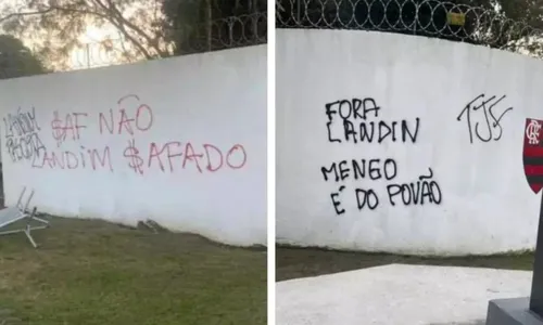 
          Imagem ilustrativa da imagem Torcedores do Flamengo picham muros do CT e protestam contra presidente Landim
          