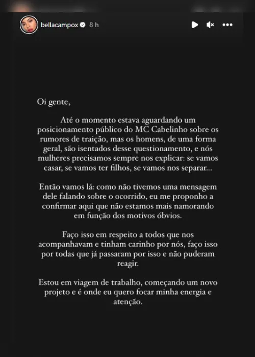 Imagem ilustrativa da imagem Bella Campos confirma término com Mc Cabelinho após rumores de traição