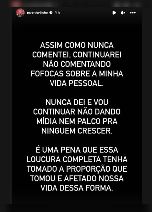 Imagem ilustrativa da imagem Bella Campos confirma término com Mc Cabelinho após rumores de traição