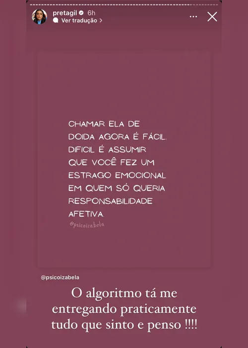 
          Imagem ilustrativa da imagem Preta Gil fala sobre responsabilidade afetiva e alfineta o ex-marido em post
          